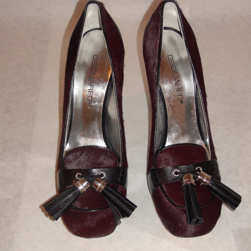 NWOB Dsquared2 Haircalf Calf Hair Burgundy Tassel Pump
